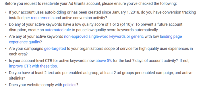 Google grants - checks before requesting Google to review the account